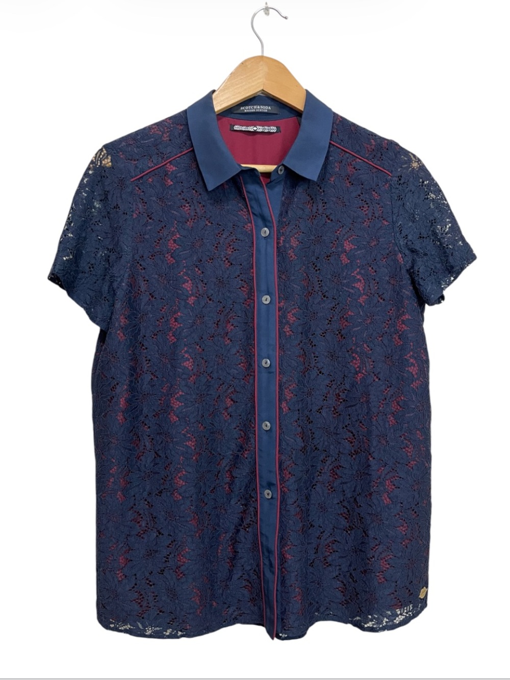 Scotch & Soda Maison Scotch Navy Lace Button-Front Shirt with Maroon Underlay